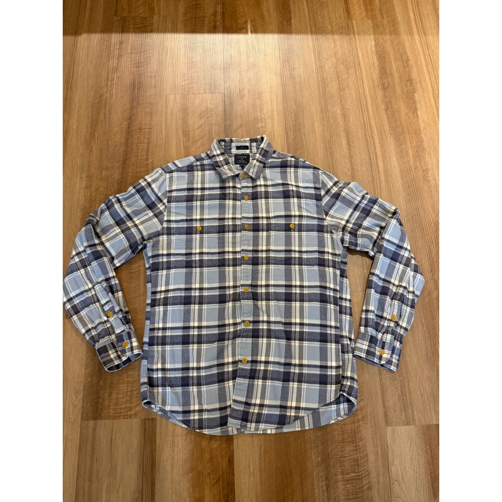 J.Crew Flannel Shirt Mens L Blue Plaid Slim Fit Cotton Long Sleeve 92937
